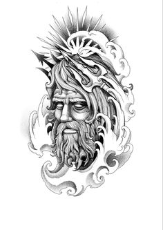 a drawing of an old man with long hair and beard wearing a headdress