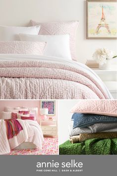 a collage of pink and white bedding with the eiffel tower in the background