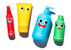 three different types of hand sanitizers with faces on them, one blue and one red