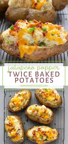 baked potatoes with cheese and other toppings are on a cooling rack, along with the recipe for twice baked potatoes