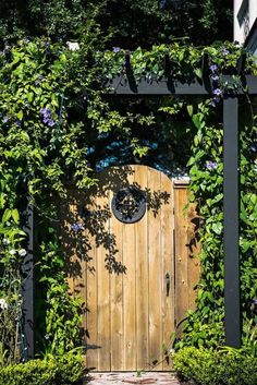 an open wooden door surrounded by greenery