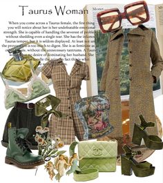 there is a woman's outfit and shoes in this photo with the caption that says, taurus woman