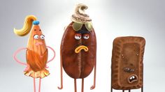 three cartoon characters made out of food