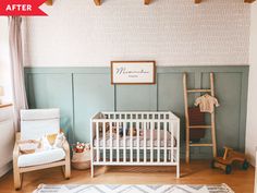 a baby's room with green walls and white crib in the corner, next to a wooden ladder