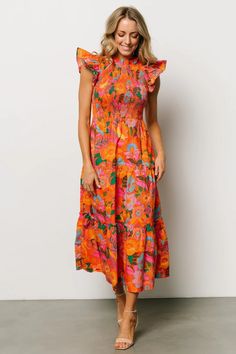 Shop our Emily Orange Floral maxi dress with ruffle short sleeves and a ruffled mock-neck, complete with hidden side pockets. Embrace effortless style and functionality with this stunning dress, perfect for any occasion. Hunter Green Maxi Dress, Orange Flower Dress, Sparkle Gown, Burgundy Maxi Dress, Bright Dress, Ribbed Maxi Dress, Tier Dress, Baltic Born, Tiered Maxi Skirt