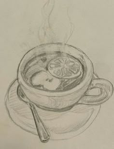 a drawing of a bowl of soup on a saucer with a spoon next to it