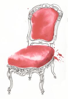 a red chair sitting on top of a white floor next to a wall with blood all over it