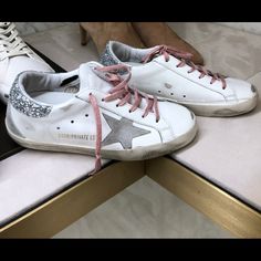 Golden Goose Sneakers. Like New, Worn Twice. Pink/Silver Sparkle And White. Authentic. Size 35 Twice Pink, Shoes Golden Goose, Goose Sneakers, Goose Shoes, Golden Goose Sneakers, Golden Goose Shoes, Silver Sparkle, Golden Goose, Golden Goose Sneaker