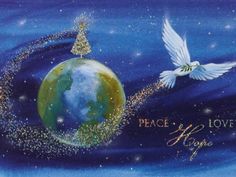 a painting of a dove flying over the earth with peace and love written on it