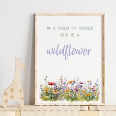 there is a sign that says in a field of roses she is a wildflower