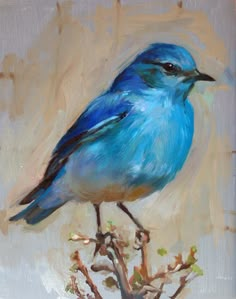 a painting of a blue bird sitting on top of a tree branch