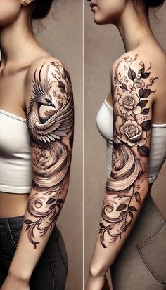 two pictures of a woman's arm with flowers and birds on the arm, both showing