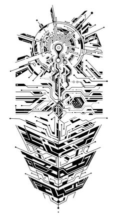 an abstract black and white drawing of a futuristic object with lines, dots and shapes