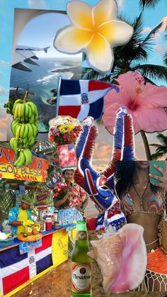 a collage of various items including bananas, flowers and other things in the background