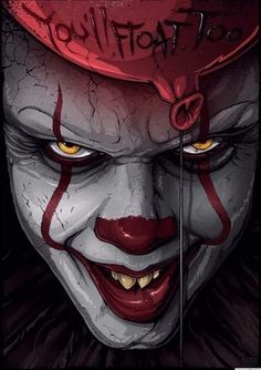 an evil clown with yellow eyes and red hair, wearing a hat that says tattoo on it