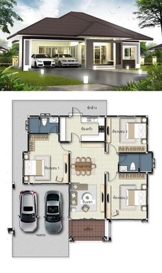 two story house plans with three car garages in the middle and an open floor plan