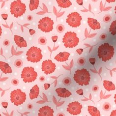 red flowers and polka dots on a pink background