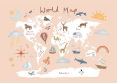 the world map with animals, birds and other things on it's pink background