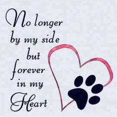 a dog paw and heart with the words no longer by my side but forever in my heart