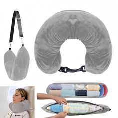 an inflatable neck pillow with various items attached to it, including a sleeping bag and pillows