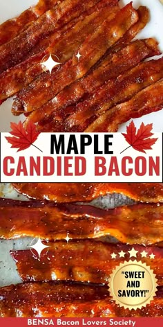 maple candied bacon on a plate with maple leaves in the background and text maple candied bacon sweet savory