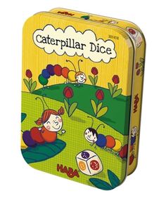 a tin box with an image of caterpillar dice on the front and back