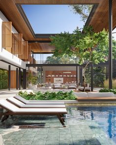 an artist's rendering of a modern house with pool and lounge chairs