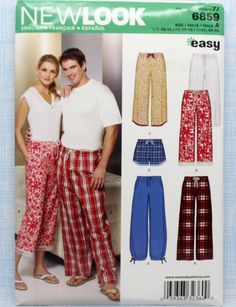 a man and woman standing next to each other in pajamas, pants and slippers