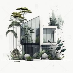 an artistic rendering of a house surrounded by trees and plants