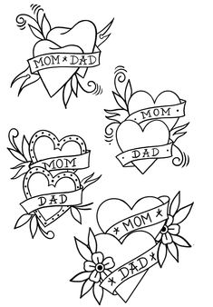 some tattoos with the words mom and dad written on them in different styles, including hearts