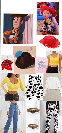 the collage shows many different outfits and hats