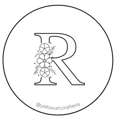 the letter r is made up of grapes and leaves in black ink on a white circle