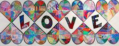 the word love is made up of many different colored hearts and letters on a white background