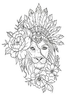 a drawing of a lion wearing a headdress with flowers