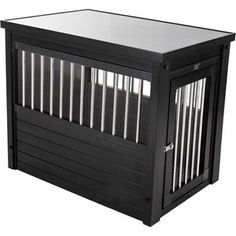 a black dog crate with metal bars on the top and bottom, against a white background