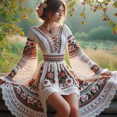 Multicolor Crochet Bohemian Dress, Bohemian Crochet Mini Dress, Multicolor Bohemian Crochet Dress, Vintage Crochet Dress For Spring, Fairycore Crochet Dress, Crochet Clothes Patterns Free, Crochet Clothes For Women, Aesthetic Crochet, Clothes Aesthetic