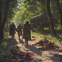 some people are walking in the woods with blood on the ground and an old wagon behind them