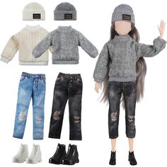 doll clothes for american girl dolls including jeans, sweaters and hat with pony tail