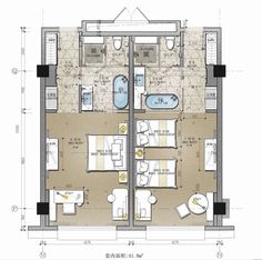 the floor plan for an apartment with two beds and one bathtub in each room