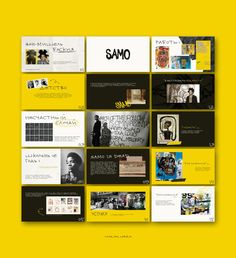 a yellow and black presentation board with many different images