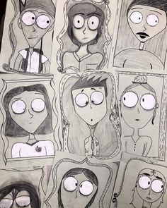 an image of cartoon faces drawn on paper with the caption tim burton inspired portraits