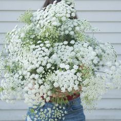 a woman holding a bouquet of white flowers