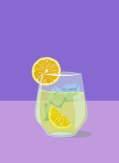 a glass filled with lemonade sitting on top of a purple table next to an orange slice