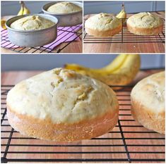 two muffins sitting on top of a cooling rack next to a ripe banana