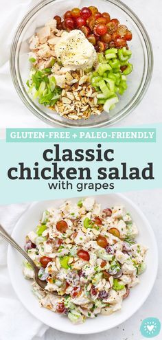 chicken salad with grapes and parmesan cheese in a glass bowl on a white table