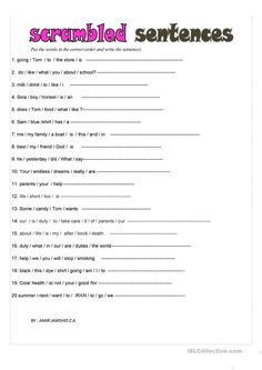 Sentence Word Order Worksheet, Sentence Order Worksheets, Scramble Sentences Worksheets, Simple Sentences Activities, Adjectives To Describe Personality, Sentence Unscramble, Sentence Worksheet, Letter D Worksheet