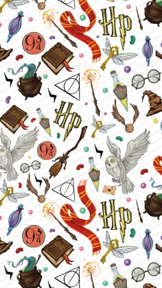 harry potter pattern with hogwart's symbols on white paper and watercolor paint