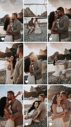 a man and woman kissing on the beach in front of some water with their arms around each other