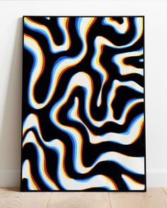 a black and white abstract painting with multicolored lines