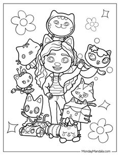 a cartoon character with many cats and kittens on her head, coloring pages for kids